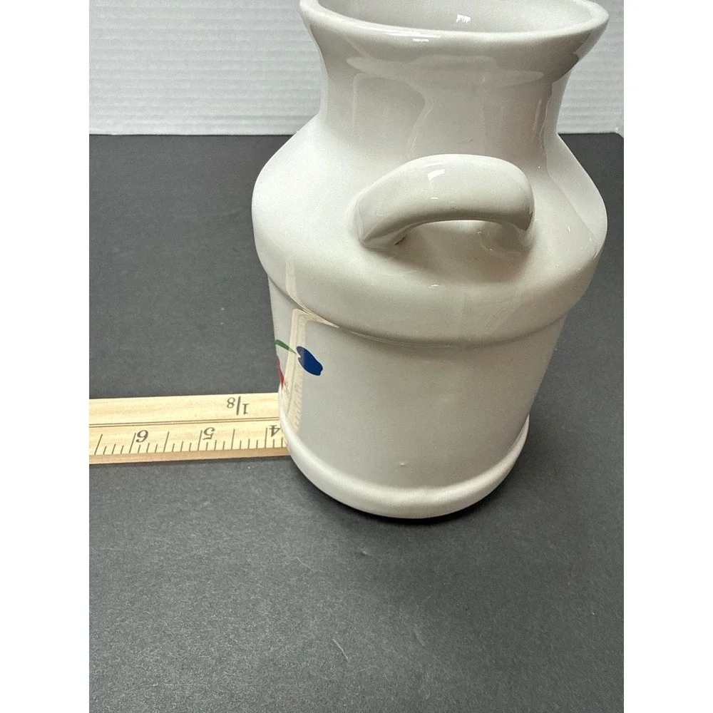 Vintage Ceramic Milk Can Vase White Floral Primary Colors Farmhouse Decor Taiwan